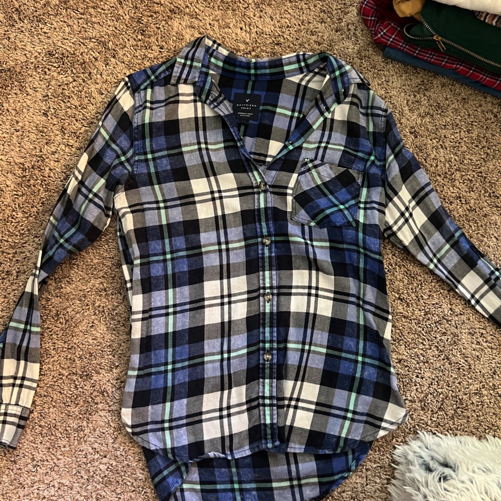 Blue and Black Plaid Button-Up Shirt